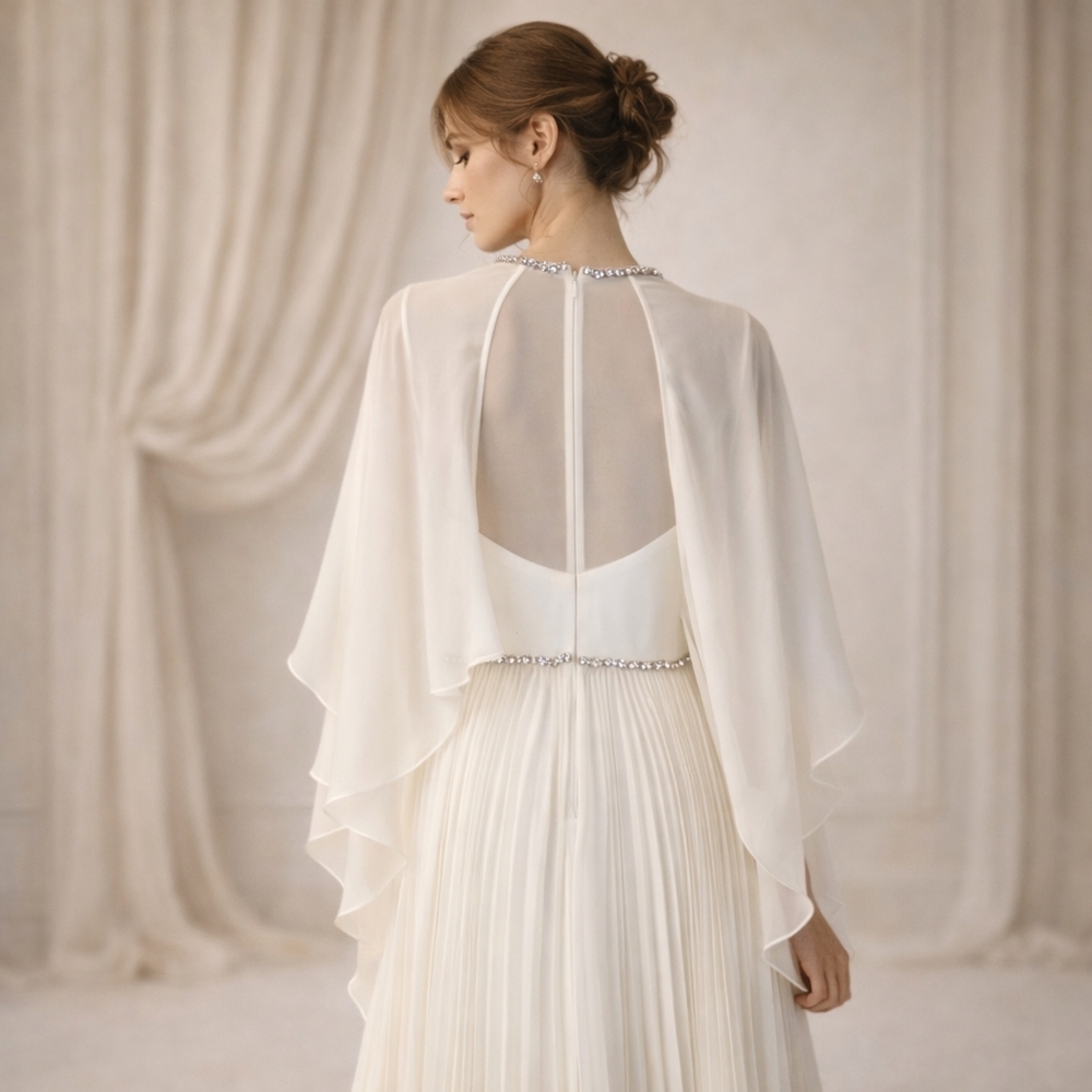 Jenny Packham Bloom Cape Ivory Chiffon Gown Rhinestone Embellished Pleated Dress - Picture 8 of 17